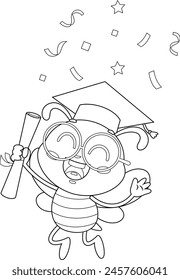 Outlined Graduate School Bee Cartoon Character Holding Certificate. Vector Hand Drawn Illustration Isolated On Transparent Background