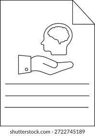 El gráfico delineado muestra una mano sosteniendo una cabeza con un cerebro dentro sobre líneas de texto en una hoja con una esquina doblada