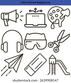 Outlined graphics featuring education and school-related items including a megaphone, laptop, headphones, scissors, goggles, eraser, airplane, slide and paint palette.