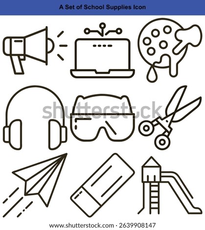 Outlined graphics featuring education and school-related items including a megaphone, laptop, headphones, scissors, goggles, eraser, airplane, slide and paint palette.