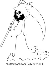 Outlined Grim Reaper Skeleton Cartoon Character With A Scythe. Vector Hand Drawn Illustration Isolated On Transparent Background