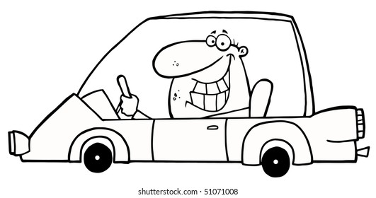 Outlined Grinning Man Driving A Car