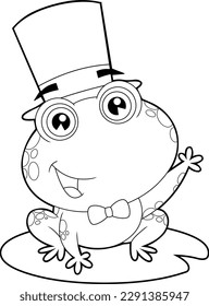 Outlined Groom Frog Cartoon Character Waving. Vector Hand Drawn Illustration Isolated On Transparent Background