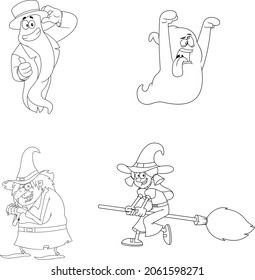 Outlined Halloween Cartoon Characters Ghost And Witch. Vector Collection Set Isolated On White Background