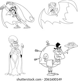 Outlined Halloween Cartoon Characters Vampires And Zombies. Vector Collection Set Isolated On White Background