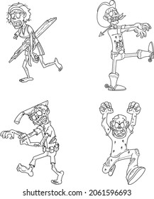 Outlined Halloween Cartoon Characters Zombie. Vector Collection Set Isolated On White Background