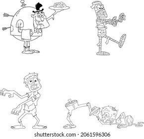 Outlined Halloween Cartoon Characters Zombies. Vector Collection Set Isolated On White Background