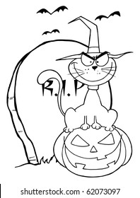 Outlined Halloween Cat on Pumpkin Near Tombstone