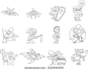 Outlined Halloween Funny Cartoon Characters. Vector Hand Drawn Collection Set Isolated On Transparent Background