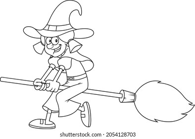 Outlined Halloween Little Witch Cartoon Character Ride A Broomstick. Vector Hand Drawn Illustration Isolated On White Background