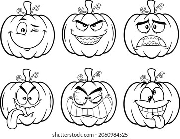 Outlined Halloween Pumpkin Cartoon Emoji Face Characters. Vector Hand Drawn Collection Set Isolated On White Background