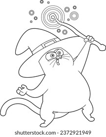 Outlined Halloween Witch Black Cat Cartoon Character With Magic Wand Making Magic. Vector Hand Drawn Illustration Isolated On Transparent Background