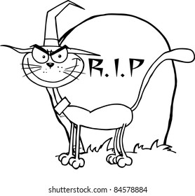 Outlined Halloween Witch Cat By A Tombstone
