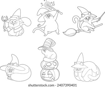 Outlined Halloween Witch Cat Cartoon Characters. Vector Hand Drawn Collection Set Isolated On Transparent Background