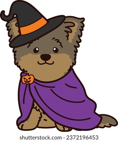 Outlined Halloween witch Yorkshire Terrier illustration sitting front view