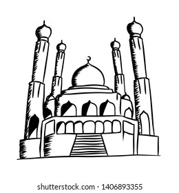 Outlined Hand drawn Black and White Mosque Eid Mubarak