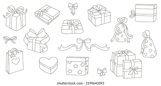 Outlined hand drawn doodle Christmas Presents   Gift wrapped in Box and bow   ribbons   Clip art vectors