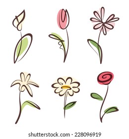 outlined hand drawn flower collection, design elements set