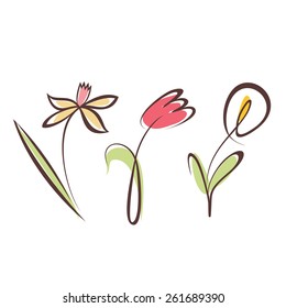 outlined hand drawn flower collection, design elements set