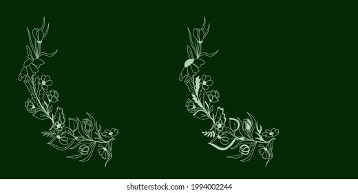 Outlined Hand drawn Flower garland, Branch, Twig, Leafs. Herbal botanical natural element in doodle style wreath, chaplet, circlet of flowers