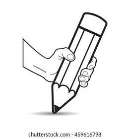 outlined hand holding huge pencil-vector drawing