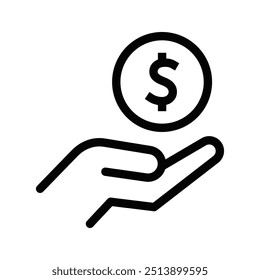 Outlined hand offering a dollar sign in a circle. Vector illustration symbolizing payment, transaction, and finance. Editable stroke.