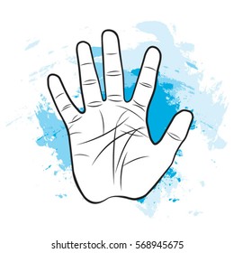 outlined hand with palm lines over blue paint strokes-vector drawing
