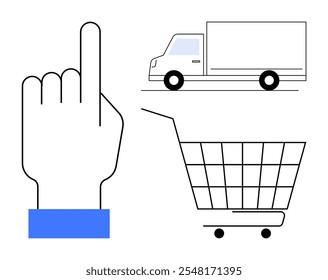 Mão delineada apontando para cima um caminhão de entrega e um carrinho de compras. Ideal para serviços de entrega de logística de compras on-line, interação com o cliente e temas de comércio eletrônico. Abordagem de design minimalista