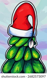 Un árbol de Navidad dibujado a mano delineado en un sombrero rojo de Santa Claus contra el fondo lila degradado; una Ilustración vectorial se puede utilizar para tarjetas de felicitación de vacaciones, pegatinas y productos de Año Nuevo.