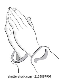 Outlined of hands praying to God. Sketch of praying hands, praying for salvation, forgiveness. Religious belief, prayer and worshiping. Hands asking forgiveness for wrong deeds