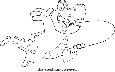 Outlined Happy Alligator Or Crocodile Cartoon Character Running With A Surfboard. Vector Hand Drawn Illustration Isolated On White Background