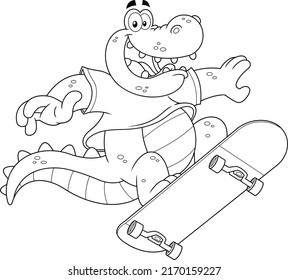 Outlined Happy Alligator Or Crocodile Cartoon Character Jumping With Skateboard. Vector Hand Drawn Illustration Isolated On White Background