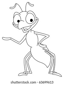 Outlined happy ant. Vector line art illustration coloring page.
