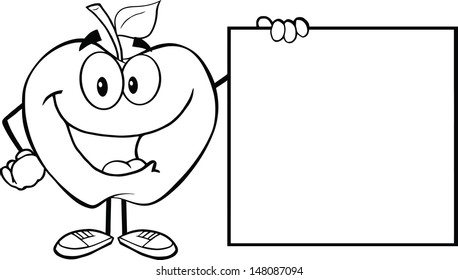 Outlined Happy Apple Cartoon Character Showing A Blank Sign