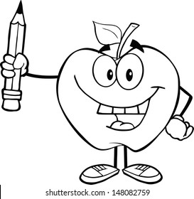 Outlined Happy Apple Character Holding Up A Pencil
