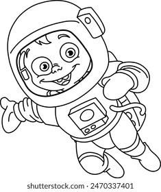 Outlined happy astronaut kid in a space suit presenting with his or her hand, Vector line art illustration coloring page.