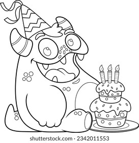 Outlined Happy Birthday Monster Cartoon Character With Cake And Candles. Vector Hand Drawn Illustration Isolated On Transparent Background