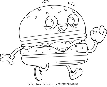 Outlined Happy Burger Retro Cartoon Character. Vector Hand Drawn Illustration Isolated On Transparent Background
