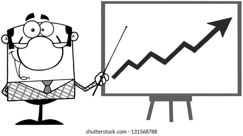 Outlined Happy Business Manager With Pointer Presenting A Progressive Arrow