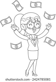 Outlined Happy Business Woman Cartoon Character Tossing Money Up In The Air. Vector Hand Drawn Illustration Isolated On Transparent Background