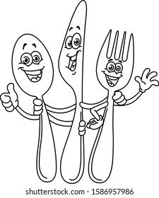 Outlined happy cartoon silverware, spoon knife and fork. Vector line art illustration coloring page.
