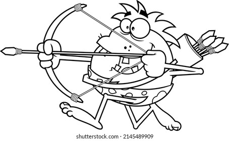 Outlined Happy Caveman Cartoon Character Running With Bow And Arrow. Vector Hand Drawn Illustration Isolated On White Background