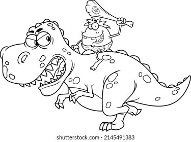 Outlined Happy Caveman With Club Riding A Giant Dinosaurs Cartoon Characters. Vector Hand Drawn Illustration Isolated On White Background