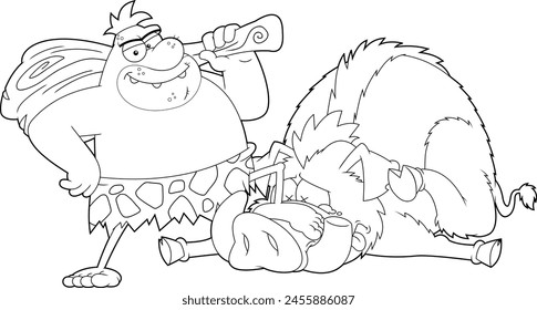 Outlined Happy Caveman With Club And Trophy Boar Cartoon Characters. Vector Hand Drawn Illustration Isolated On Transparent Background