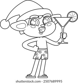 Outlined Happy Christmas Elf Cartoon Character Drinking Cocktail On The Beach. Vector Hand Drawn Illustration Isolated On Transparent Background