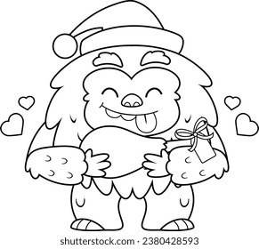 Outlined Happy Christmas Yeti Bigfoot Cartoon Character With Christmas Gift Leg Meat. Vector Hand Drawn Illustration Isolated On Transparent Background