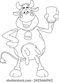 Outlined Happy Cow Cartoon Character Holding A Glass Of Milk. Vector Hand Drawn Illustration Isolated On Transparent Background