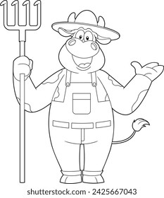 Outlined Happy Cow Farmer Cartoon Character Holding A Rake. Vector Hand Drawn Illustration Isolated On Transparent Background