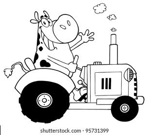 Outlined Happy Cow Farmer In  Tractor Waving A Greeting.Vector Illustration