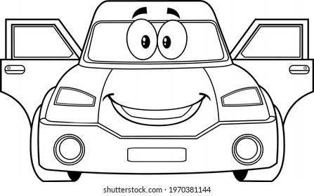 Outlined Happy Cute Car Cartoon Character With Open Doors. Vector Hand Drawn Illustration Isolated On Transparent Background